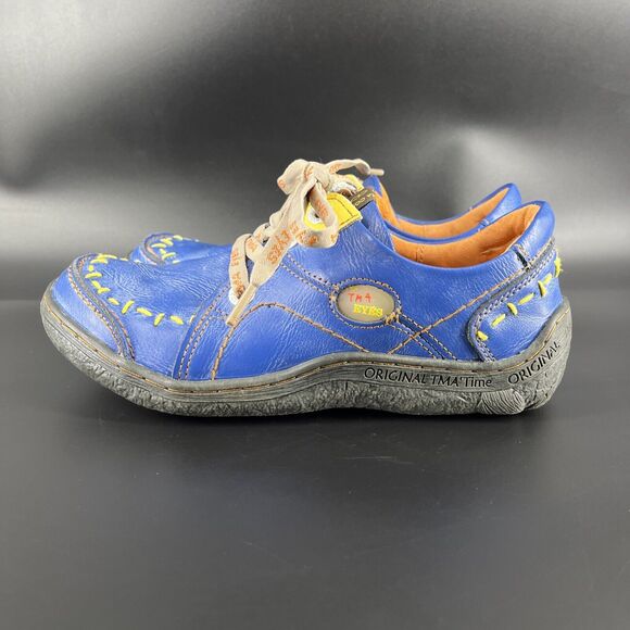TMA Eyes Time Blue Leather Lace Up Sneakers Women’s 7 Yellow Stitching Shoes - Picture 5 of 16